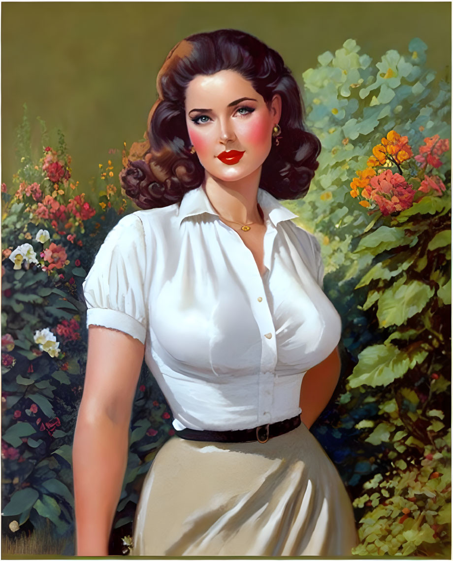 Vintage-style painting of woman with dark hair and red lipstick in white blouse and beige skirt.