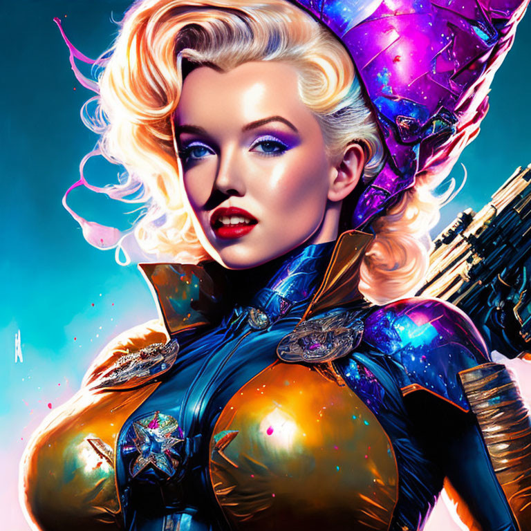 Blonde-Haired Woman in Futuristic Armor on Blue Background