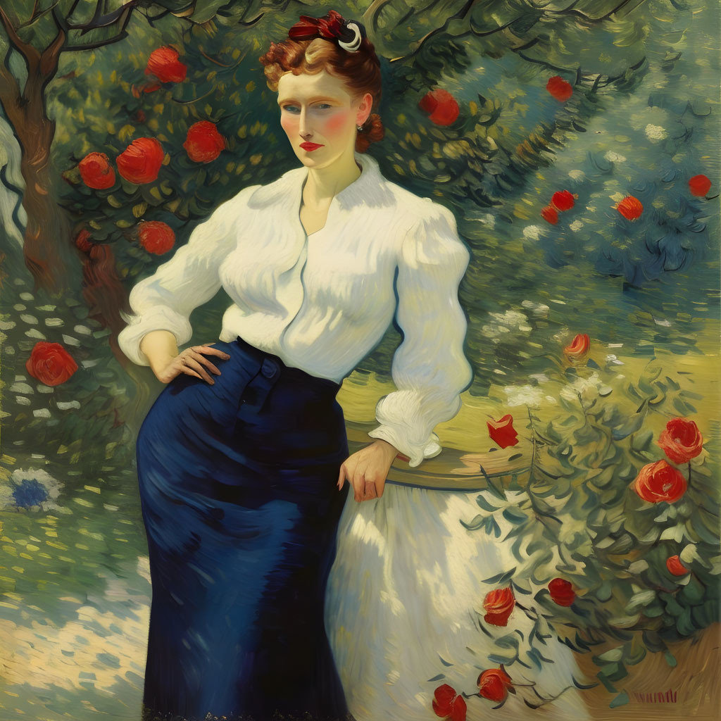 Woman in white blouse and dark skirt in rose garden with direct gaze.