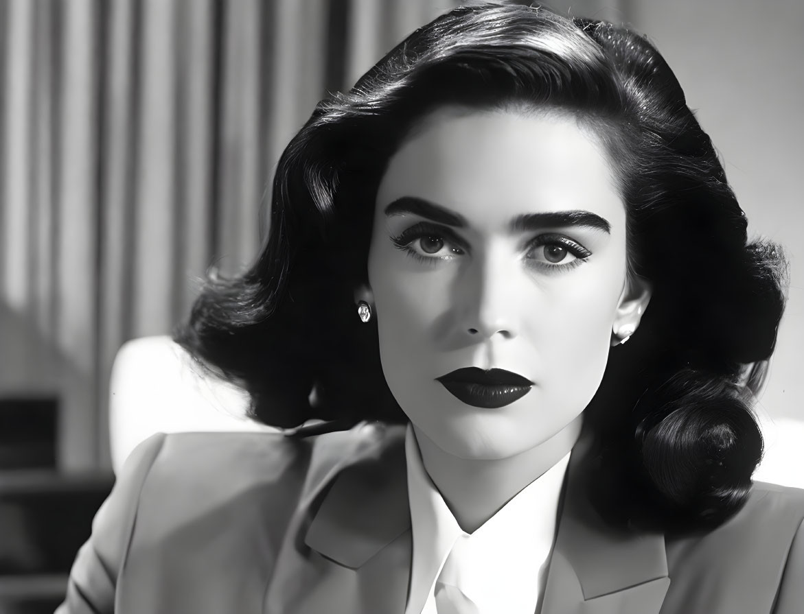 Monochrome portrait of woman with dark hair, bold eyebrows, and elegant makeup, in blazer and