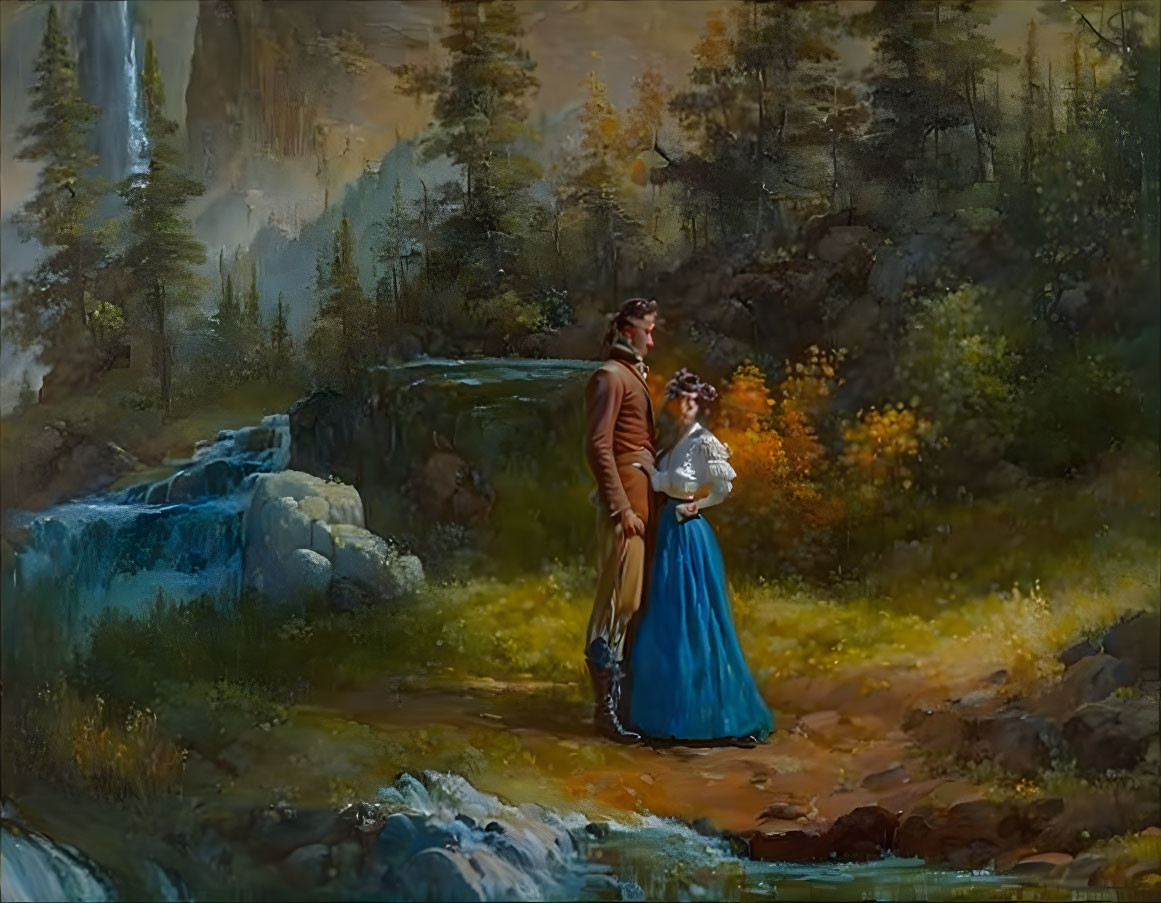 Serene painting of couple in wooded landscape with waterfall