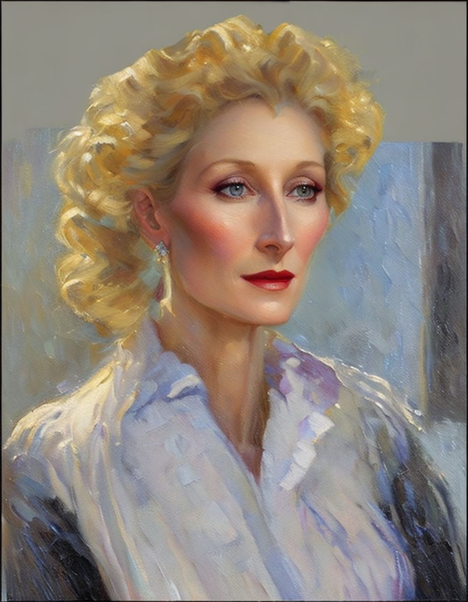 Blonde Curly-Haired Woman in White Outfit Portrait