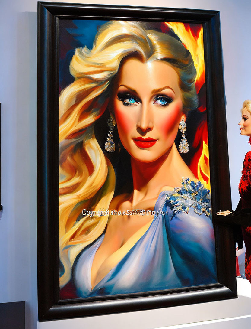 Glamorous woman with blonde hair and blue eyes against fiery backdrop wearing diamond earrings and blue outfit