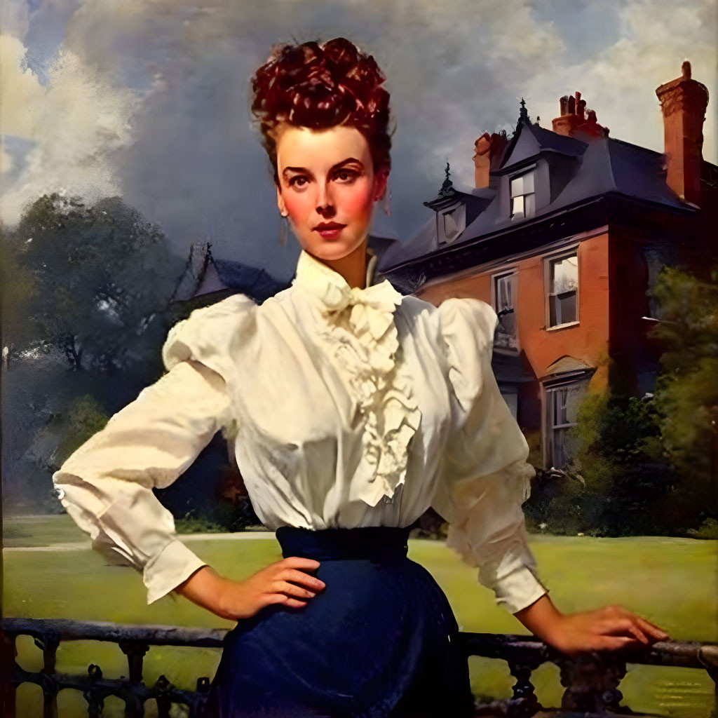 Vintage Portrait of Woman with Updo Hairstyle in White Blouse and Navy Skirt