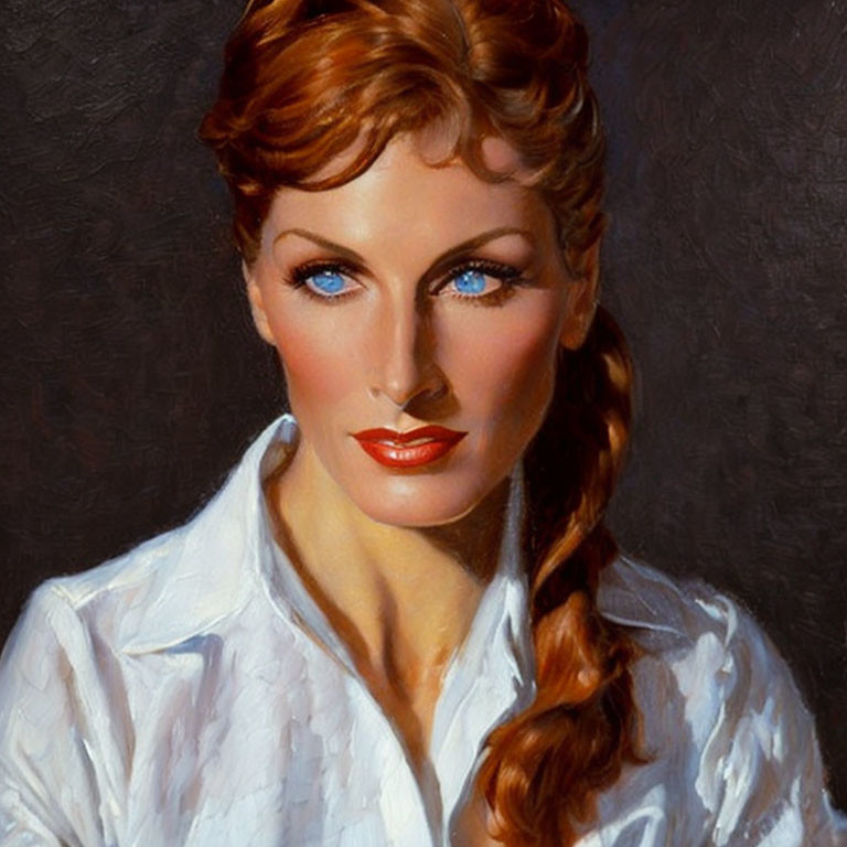 Woman with Blue Eyes and Red Lipstick in White Shirt