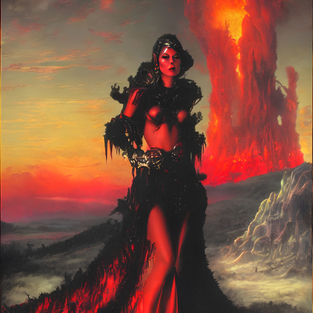 Fantasy character in mask against volcanic eruption backdrop