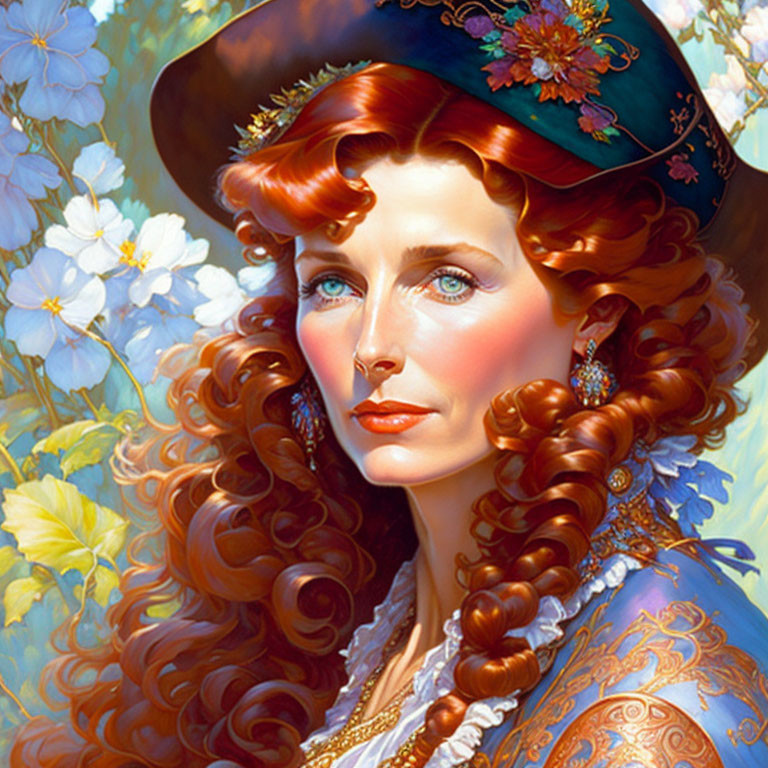 Detailed digital painting: Woman with red hair and blue eyes in blue floral hat, white flower backdrop