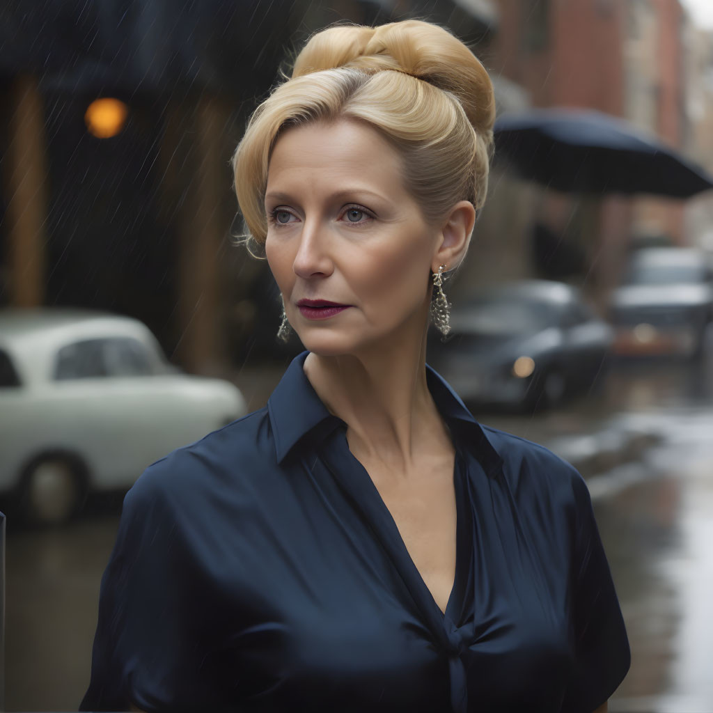 Elegant woman with bun hairstyle and earrings on rainy street