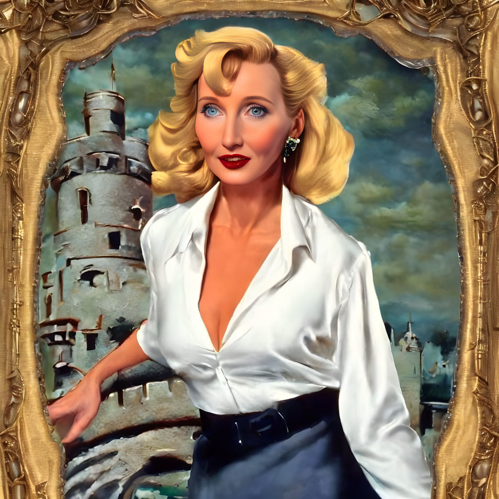 Blonde Woman in Vintage Portrait with Castle Backdrop