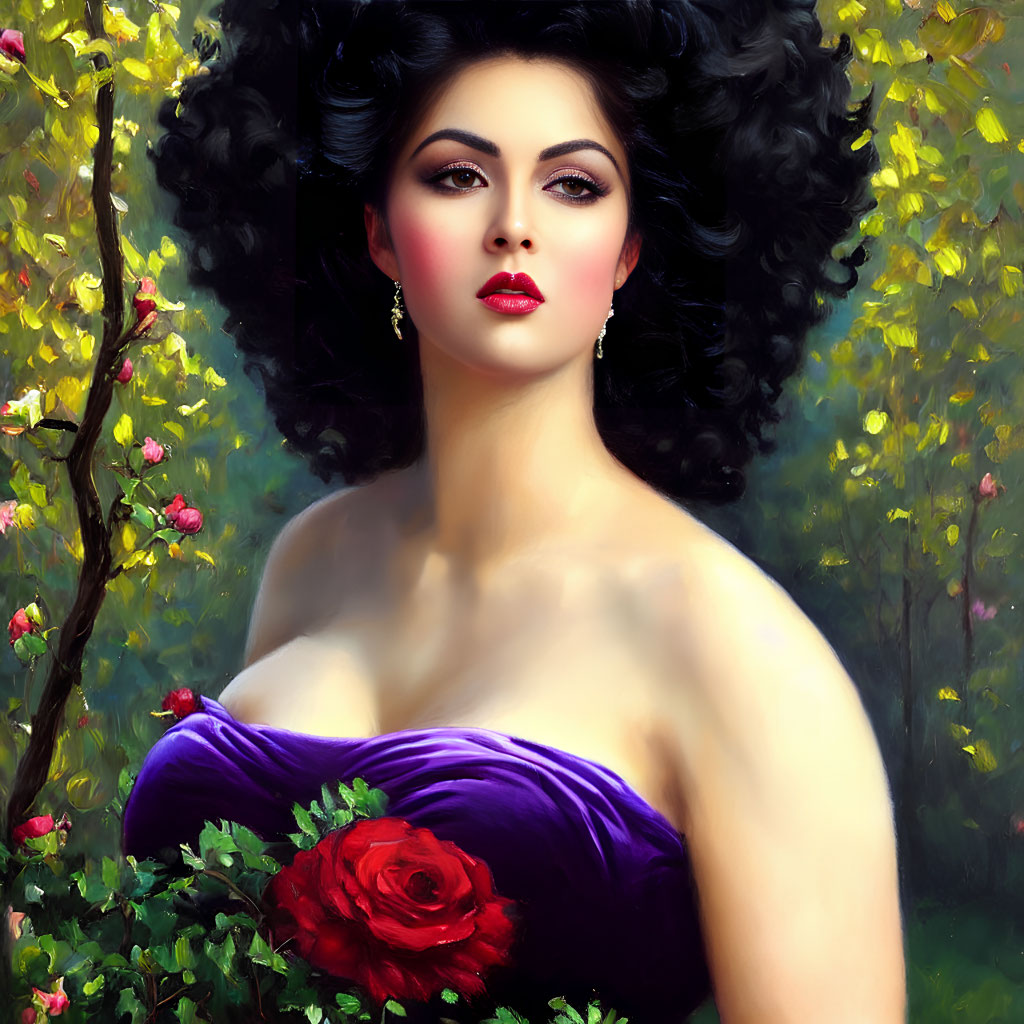 Portrait of woman with voluminous black hair in purple dress with red rose, set in lush greenery