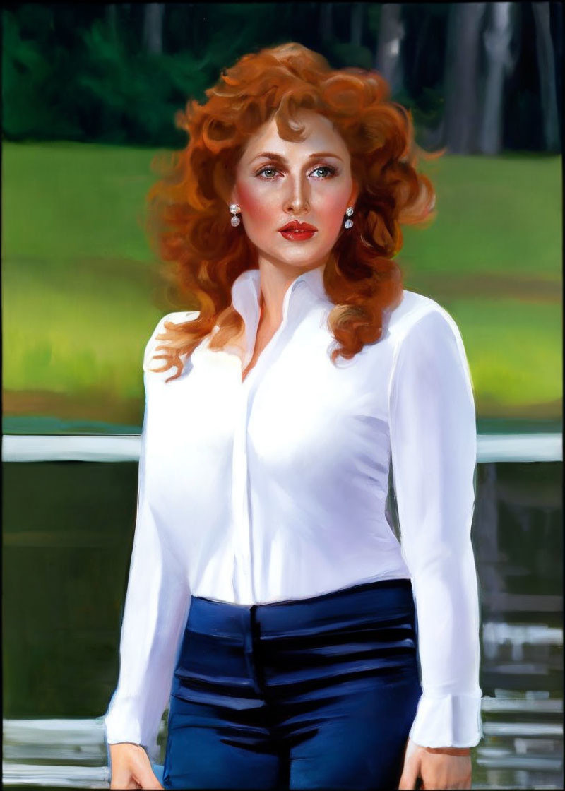 Portrait of woman with curly red hair in white blouse and navy trousers against blurred nature backdrop.