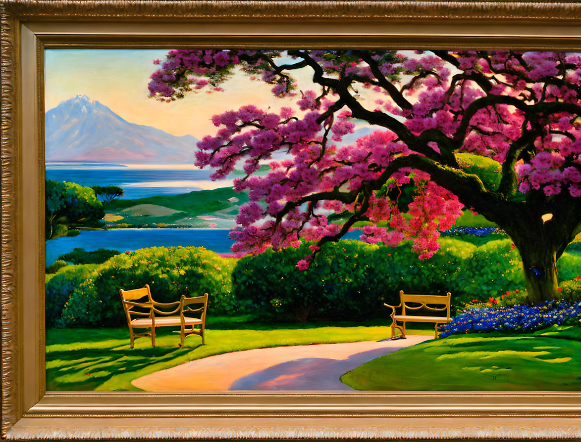 Scenic painting of pink blossoming trees by a serene lake