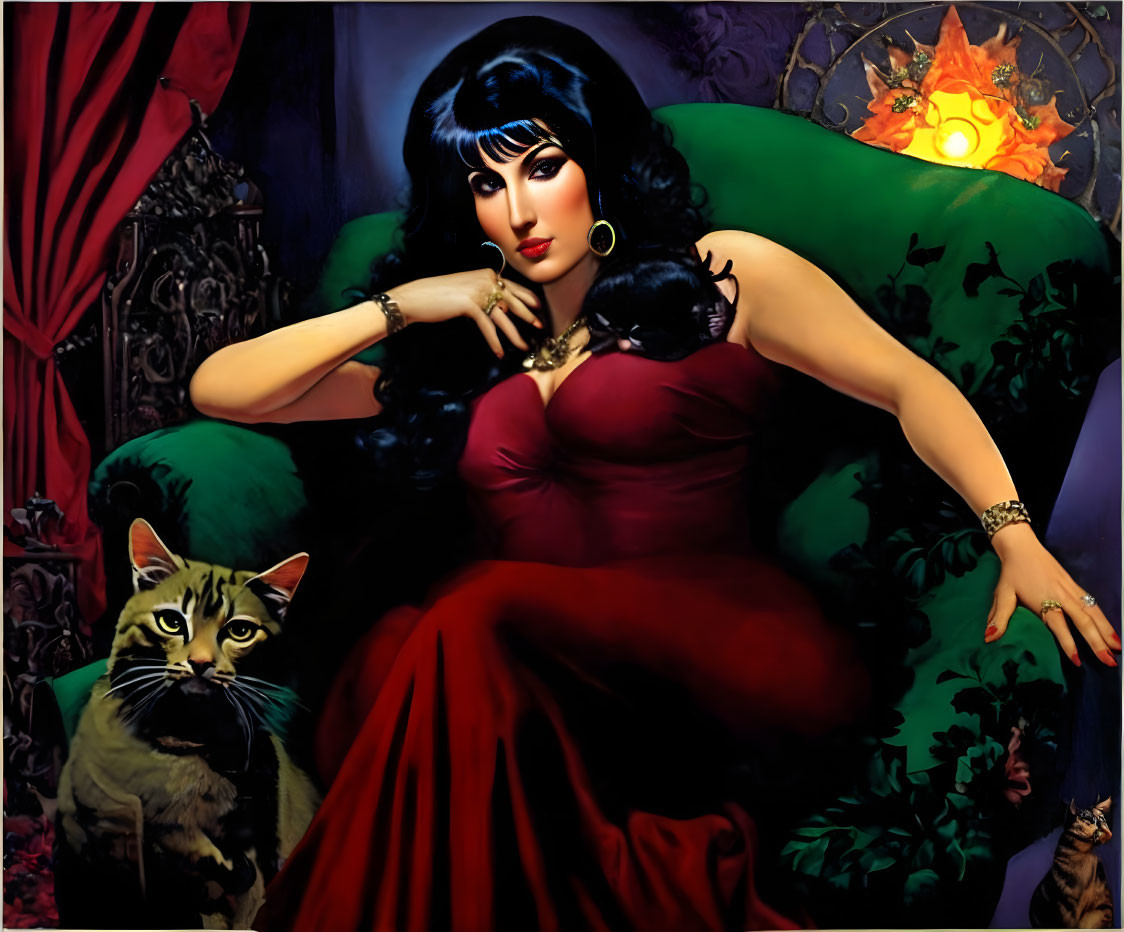 Stylized portrait of woman with black hair and red dress cradling black cat on green couch