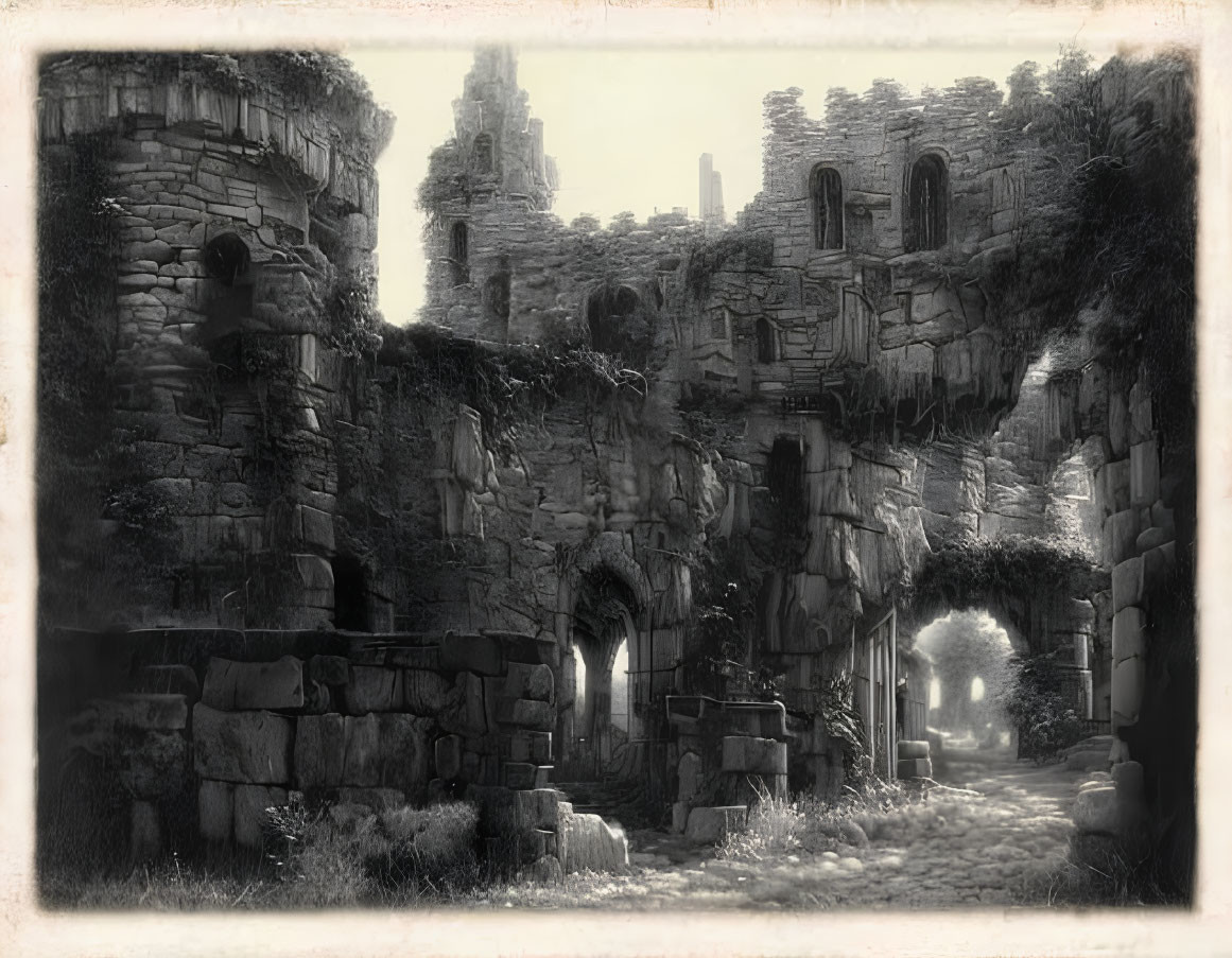 Ancient ruins with crumbling stone walls and arches in monochrome.