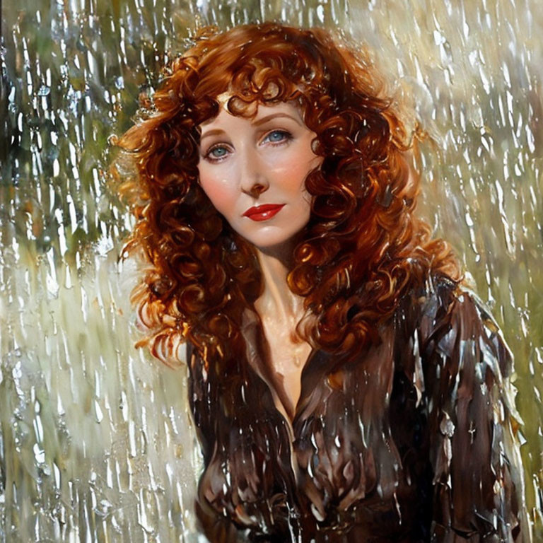 Curly Red-Haired Woman with Blue Eyes Behind Wet Glass