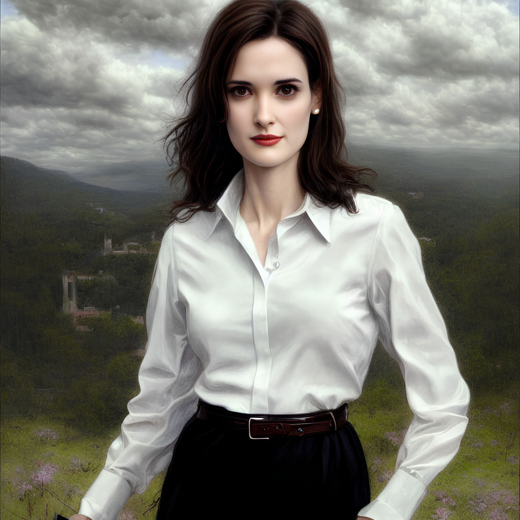 Dark-haired woman in white shirt and black skirt against cloudy landscape.