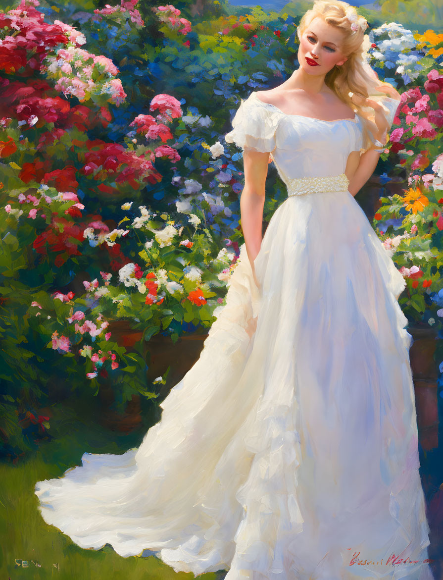 Woman in White Dress Surrounded by Blooming Flowers