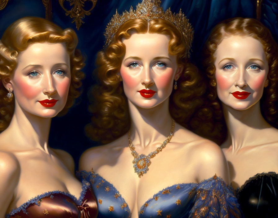 Classical painting of three women with golden hair and crowns