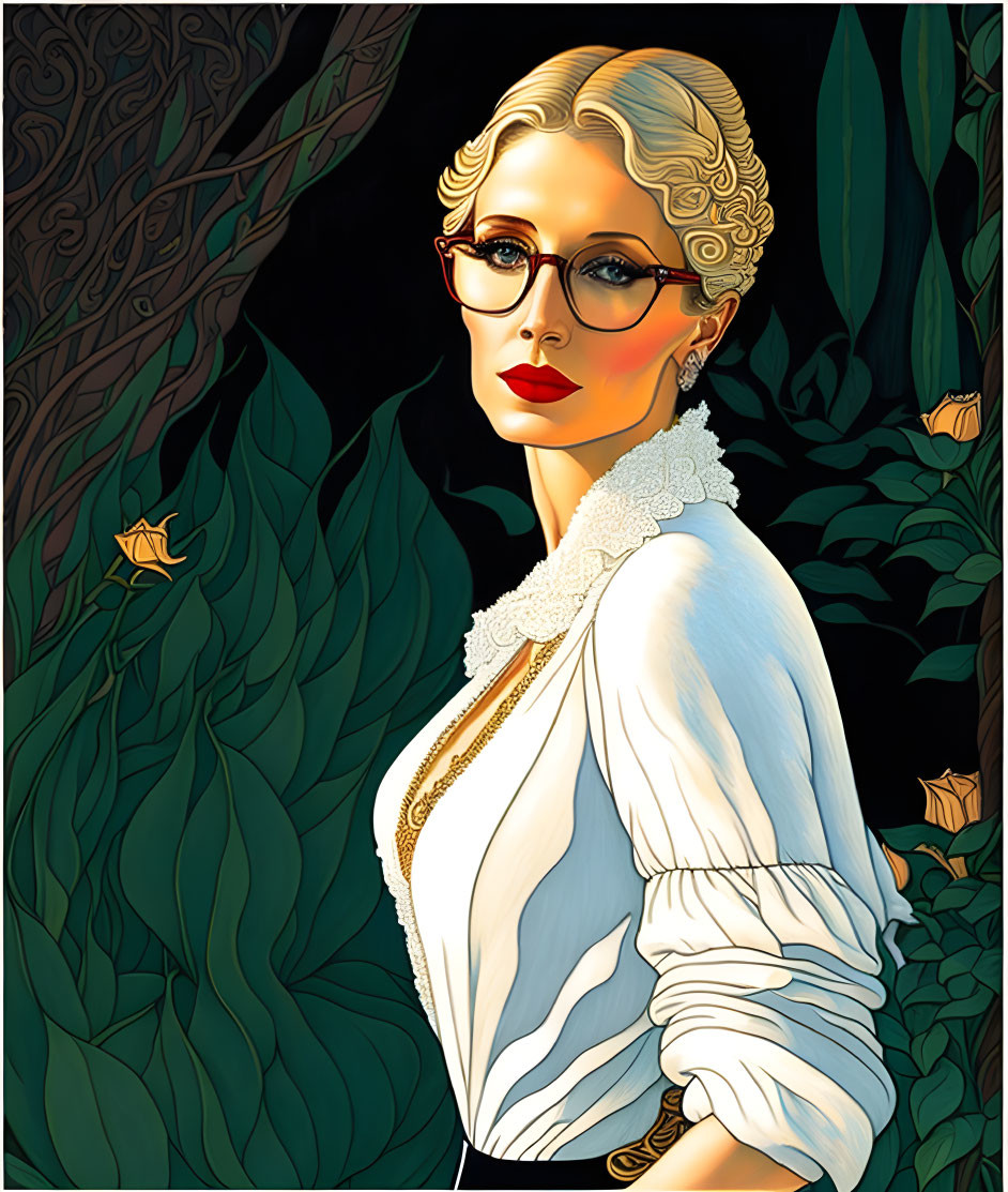 Blonde woman in cat-eye glasses and white blouse with ruffled collar against dark leafy background