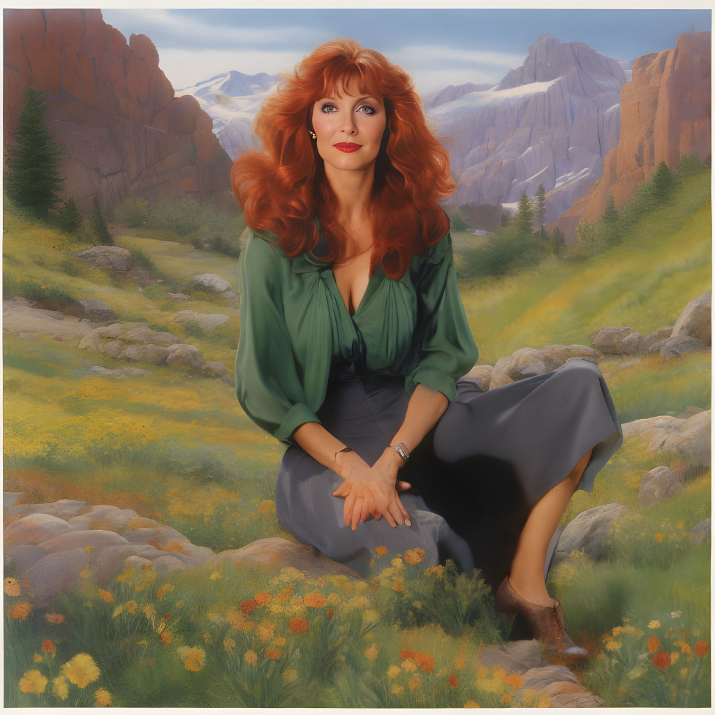 Red-haired woman in green blouse sitting in sunny meadow with mountains