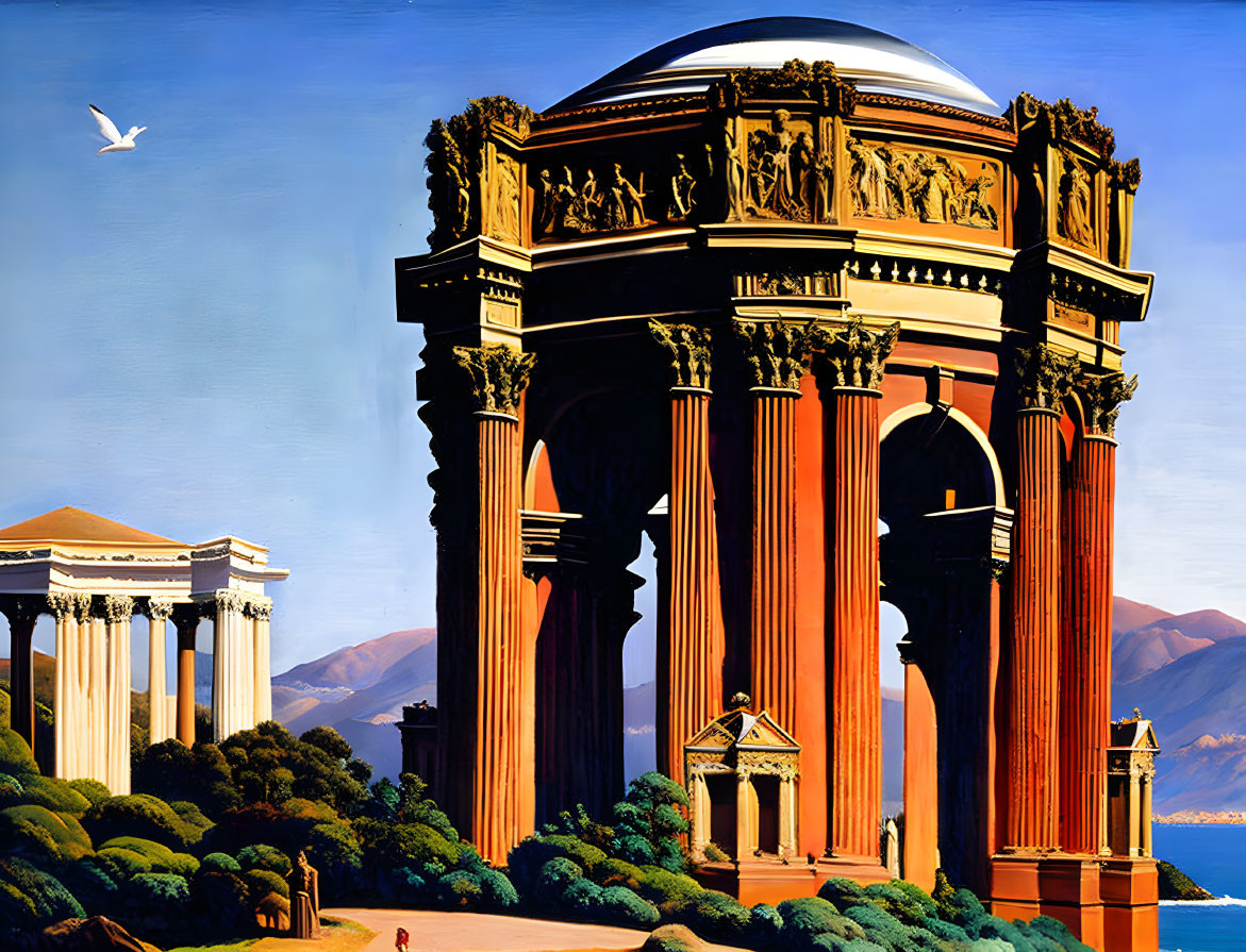 Stylized painting of classical scene with domed structure, columns, mountains, and bird