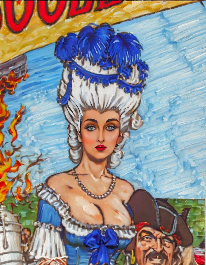 Illustrated woman in white wig with blue feathers and pearl necklace on fiery pirate-themed background.