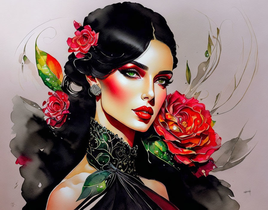 Illustration of Woman with Red Makeup, Feathered Wings, and Roses