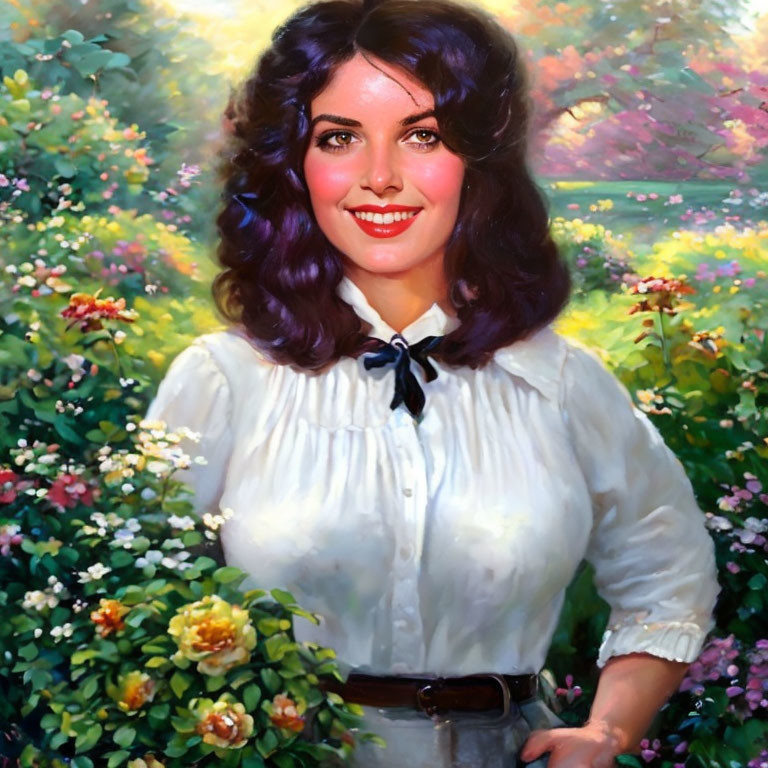 Smiling woman portrait in white blouse with floral background