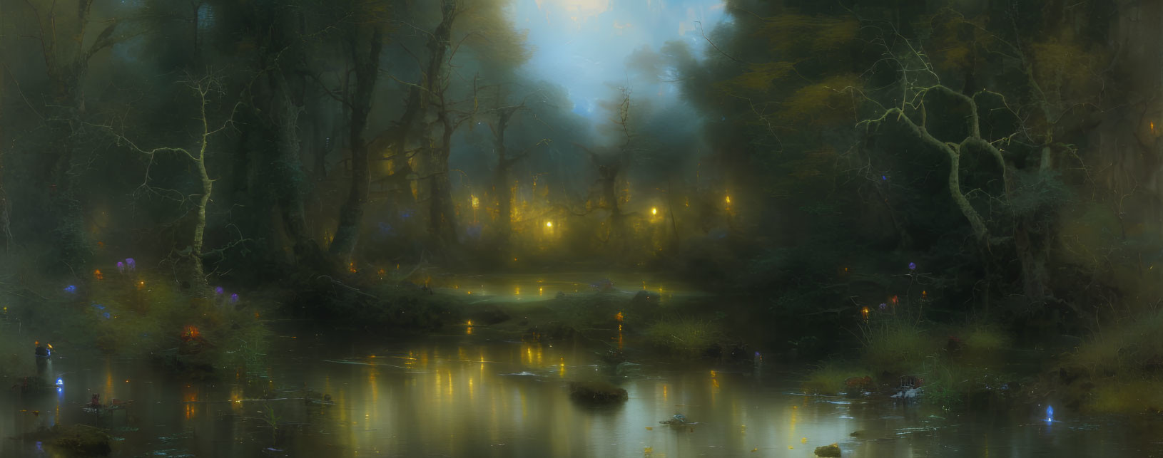 Ethereal forest scene with misty pond and glowing lights