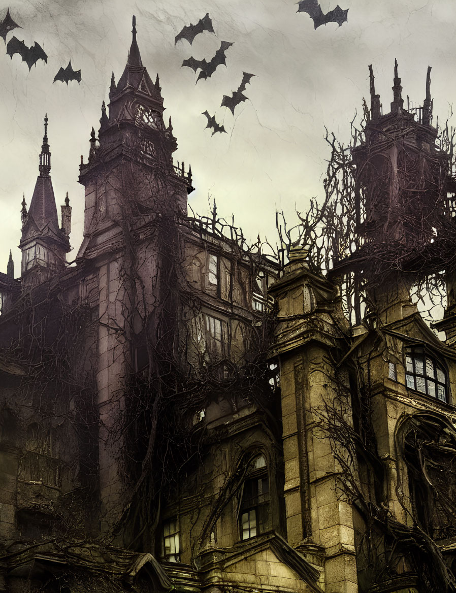 Gothic-style mansion surrounded by twisted trees and flying bats