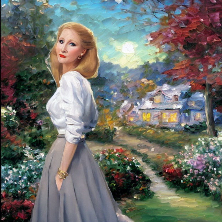 Blond Woman in White Blouse and Gray Skirt Painting with Colorful Cottage and Garden