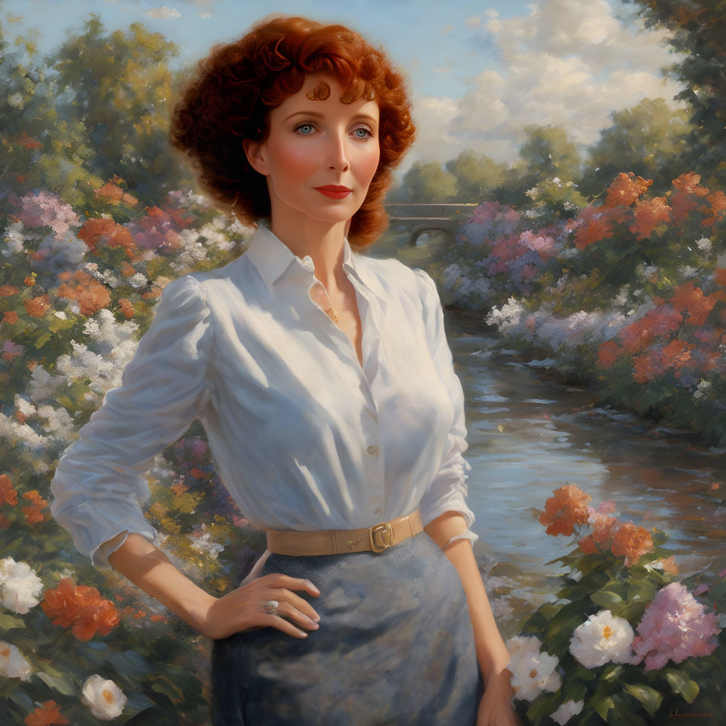 Curly Red-Haired Woman in White Blouse in Lush Flower Garden