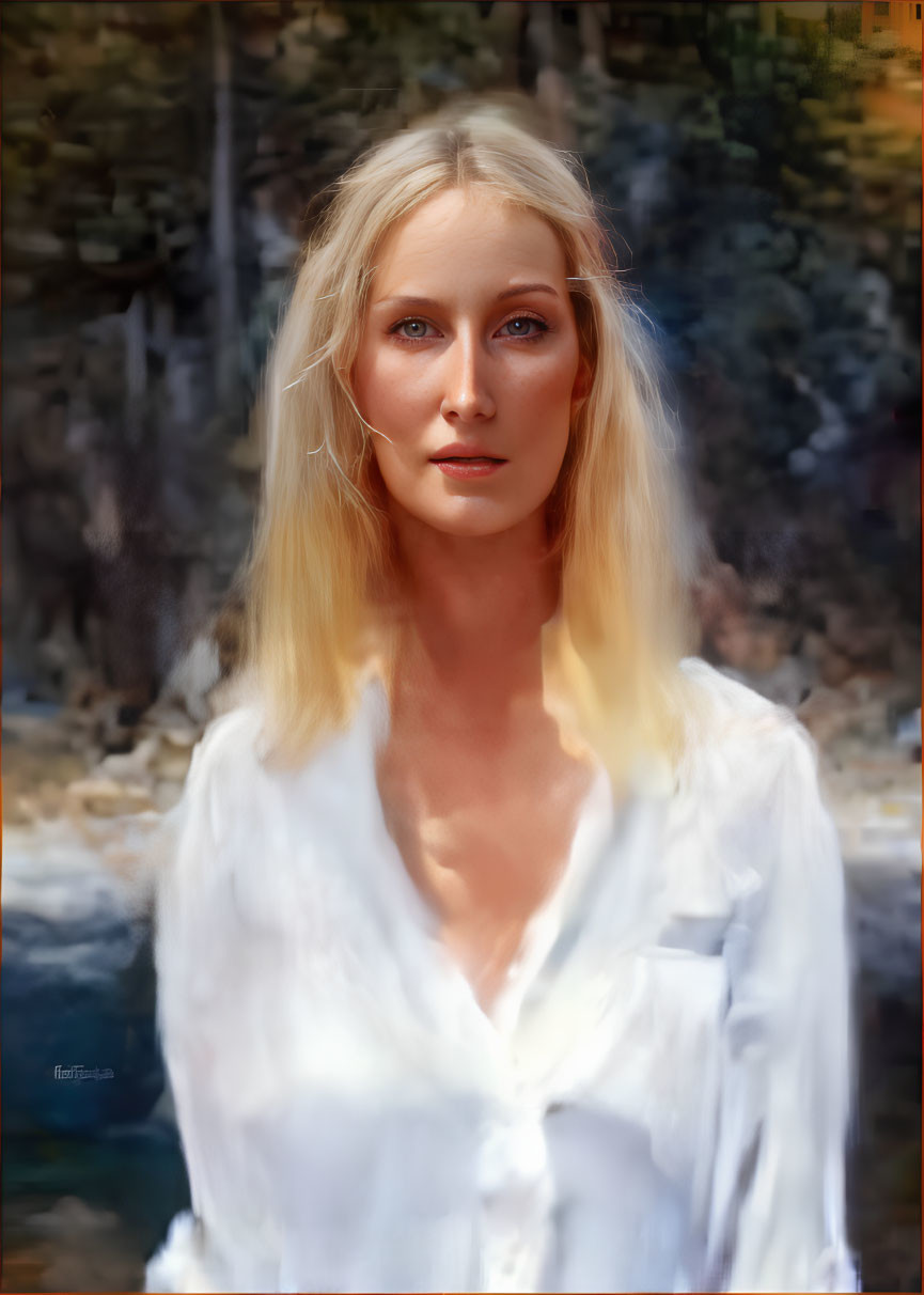 Blonde Woman in White Shirt with Blue Eyes in Nature Setting