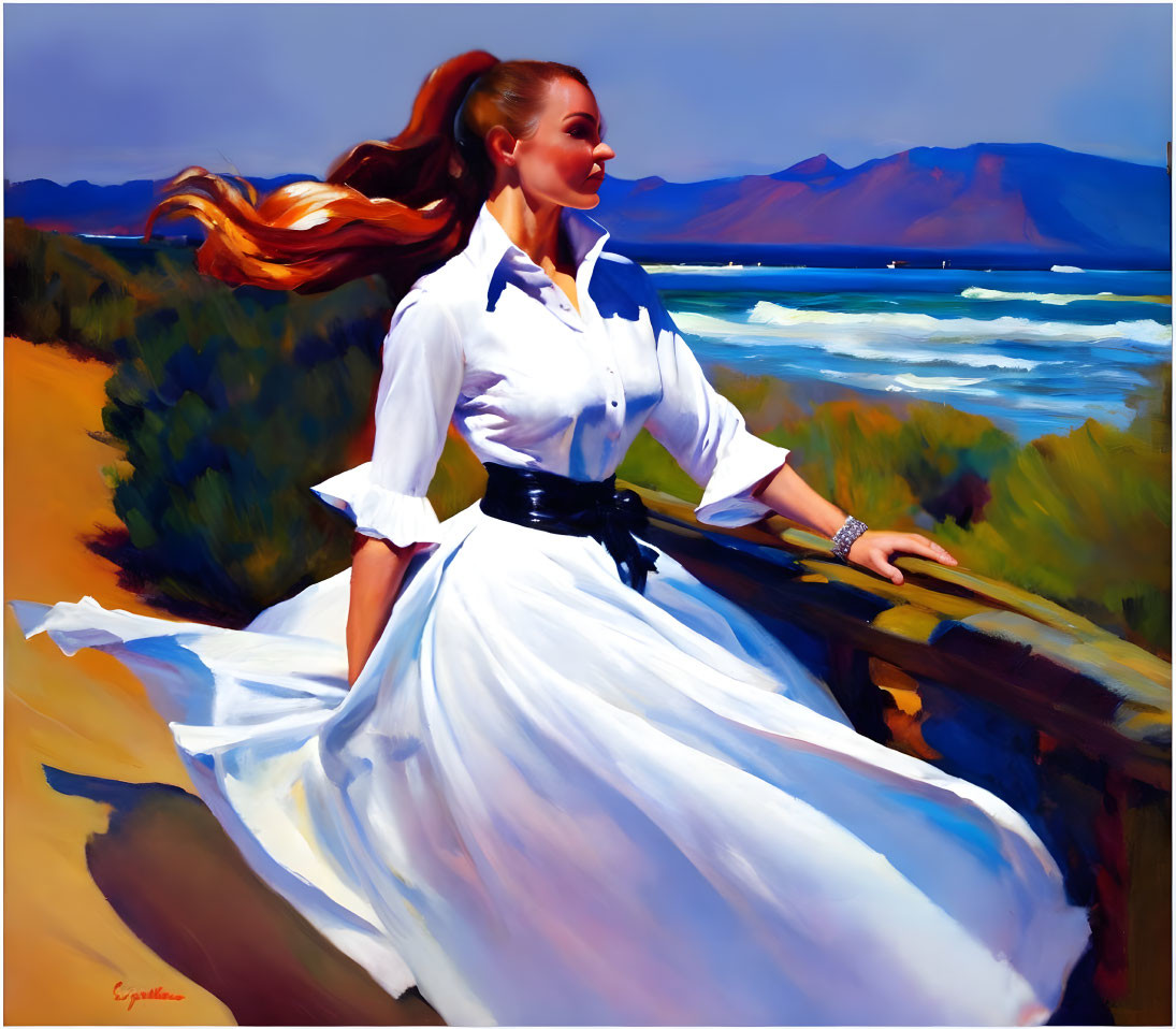 Woman in white dress on fence gazes at seascape with mountains