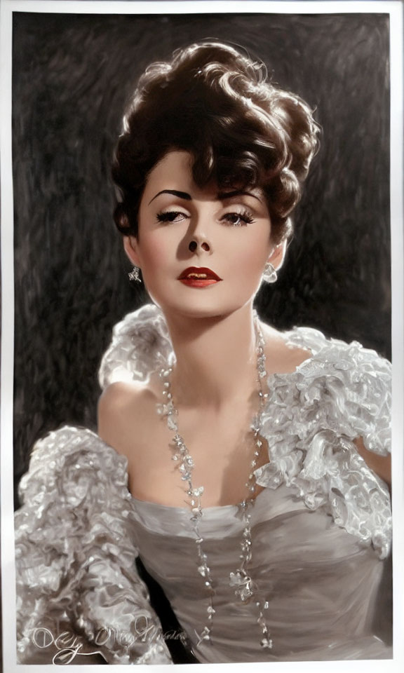 Vintage Portrait: Woman in Elegant Updo, White Frilly Dress & Pearls