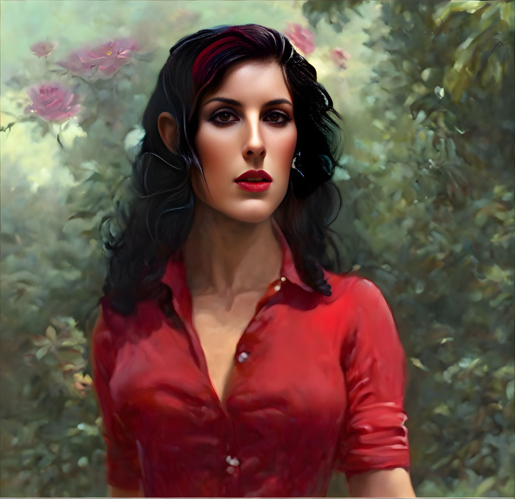 Dark-haired woman in red blouse with red lipstick, surrounded by green foliage and pink flowers