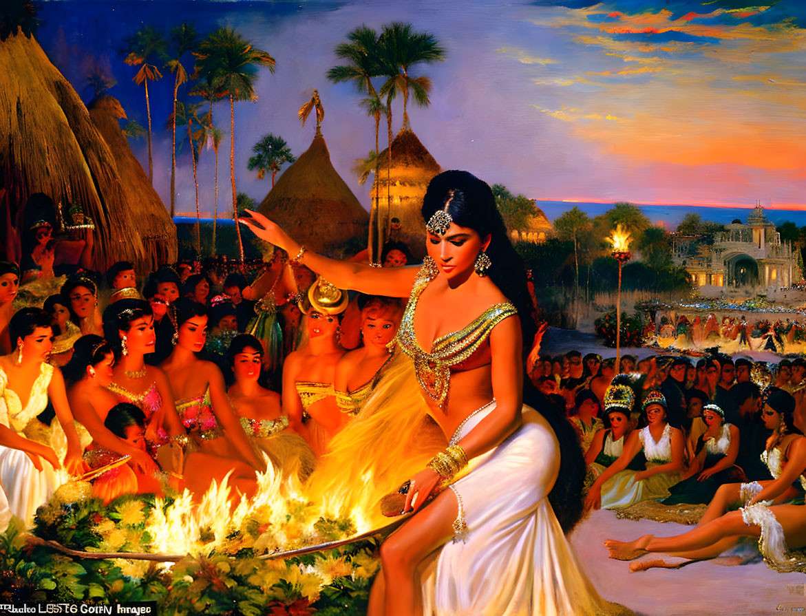 Colorful painting of woman dancing with fire in tropical setting