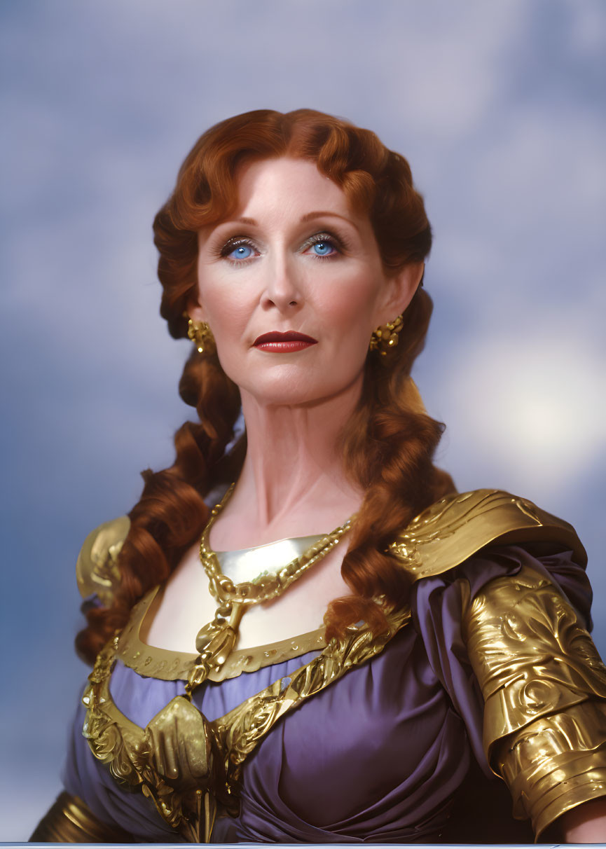 Auburn-haired woman in braids, wearing purple dress with golden details, against cloudy sky.