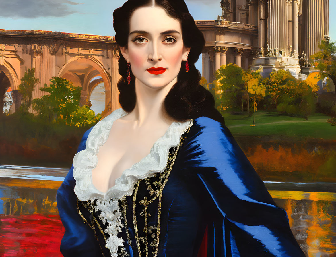 Woman in Blue Dress with Dark Hair in Oil Painting Style