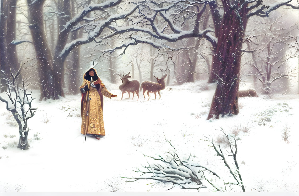 Cloaked Figure with Staff in Snowy Forest with Deer