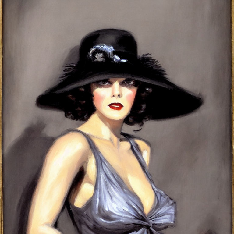 Vintage Painting: Woman with Dark Curly Hair, Wide-Brimmed Hat, Silver Dress, Red