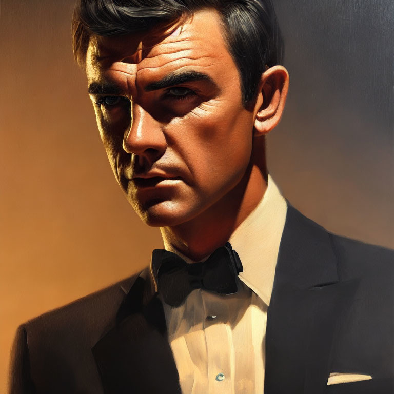 Portrait of stern man in black tuxedo with bow tie