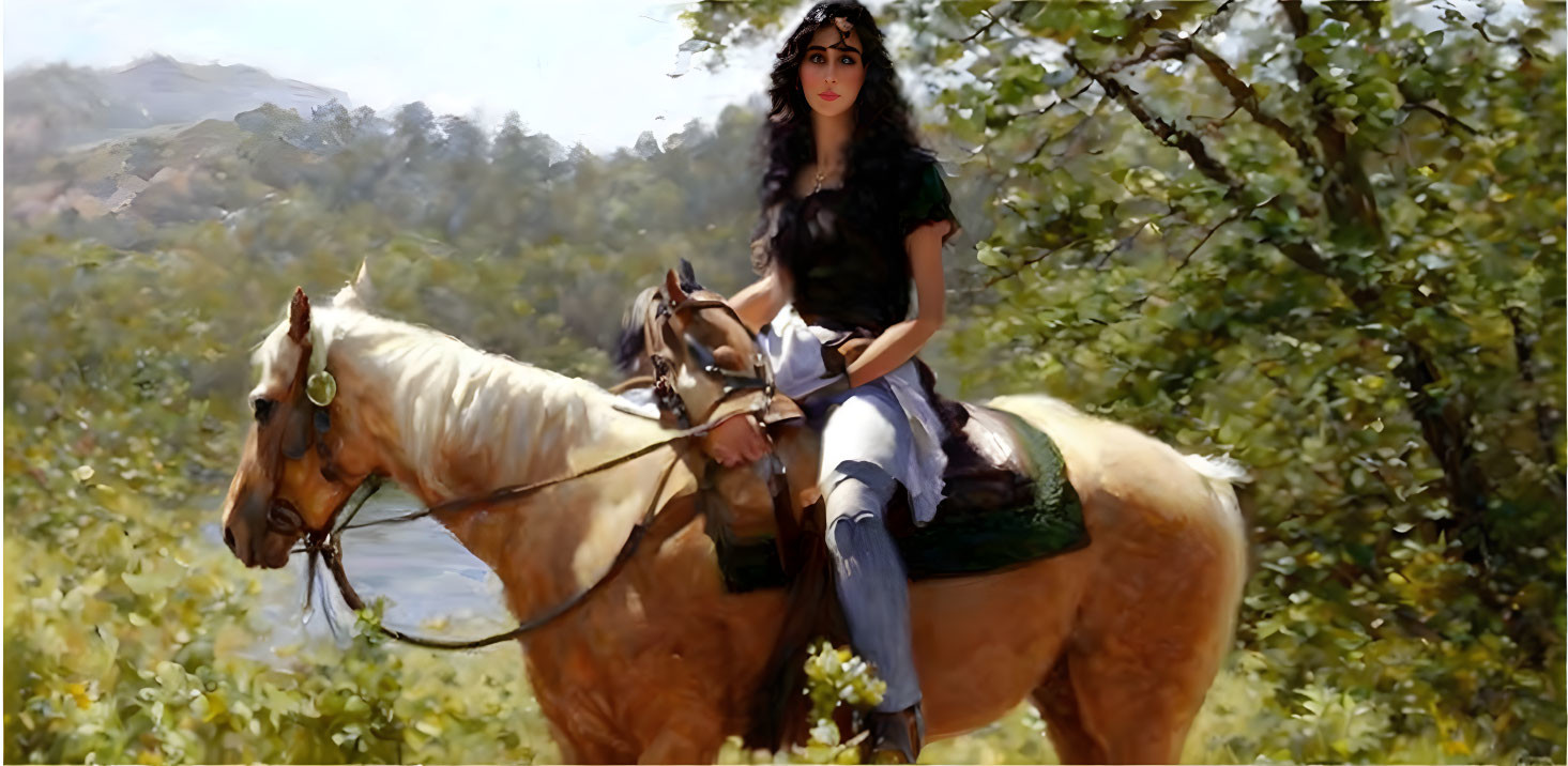 Woman with Long Dark Hair Riding Pale Horse in Sunny Forest Clearing