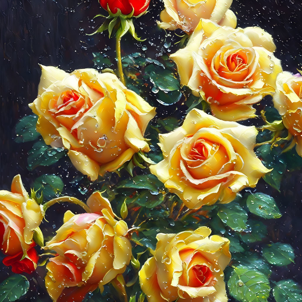 Close-Up of Vibrant Yellow Roses with Water Droplets on Dark Background