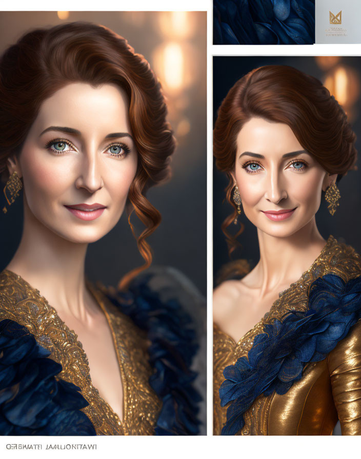 Digital portrait: Woman with blue eyes, auburn hair, golden earrings, navy blue dress with