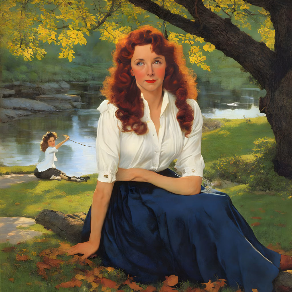 Classic Artwork: Red-haired Woman and Child in Nature Scene