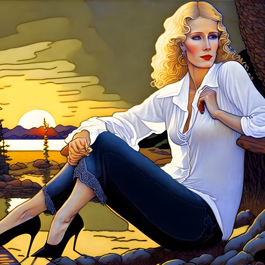 Blond Woman in White Blouse by Lake at Sunset