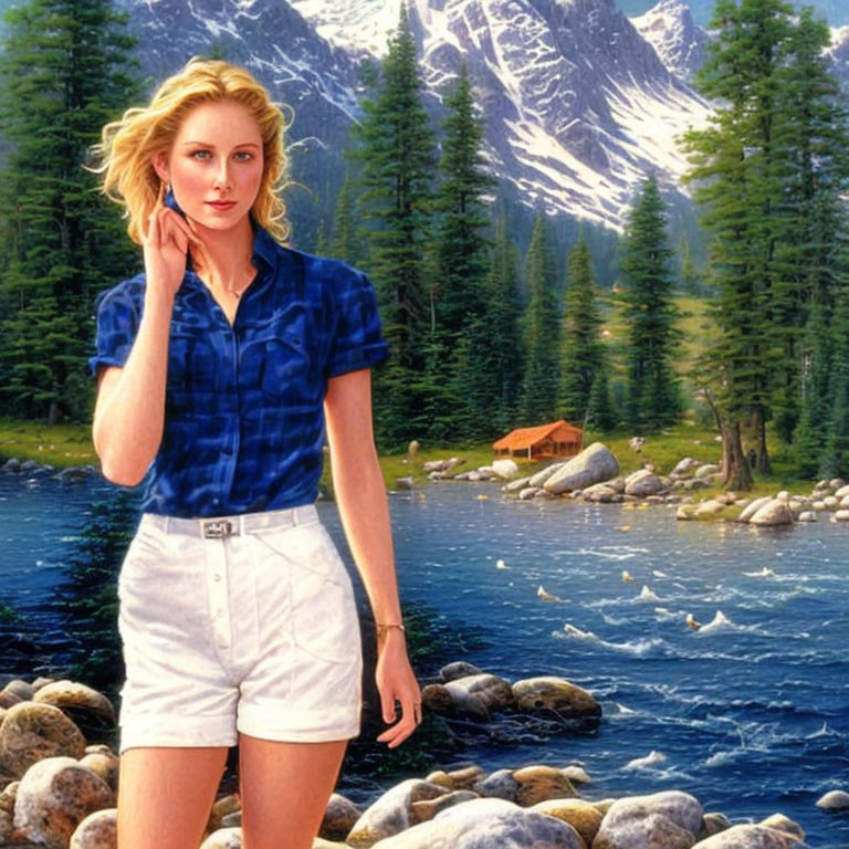 Woman in Blue Shirt and White Shorts by Mountain Lake with Cabin, Pine Trees, and Ducks