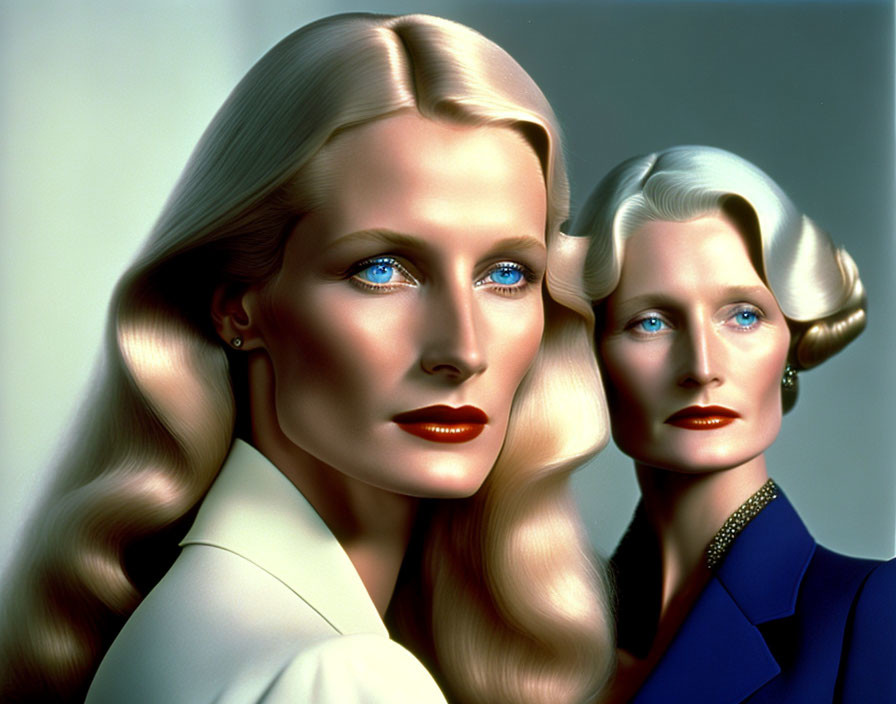 Stylized female figures with blue eyes, blonde hair, and red lips in beige and blue outfits