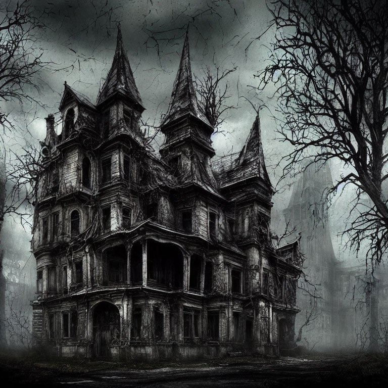 Eerie Victorian mansion in foggy, barren setting